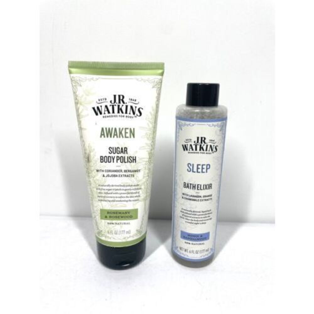 JR Watkins AWAKEN Sugar Body Polish Natural Scrub & SLEEP Bath Elixir 6oz Ea New